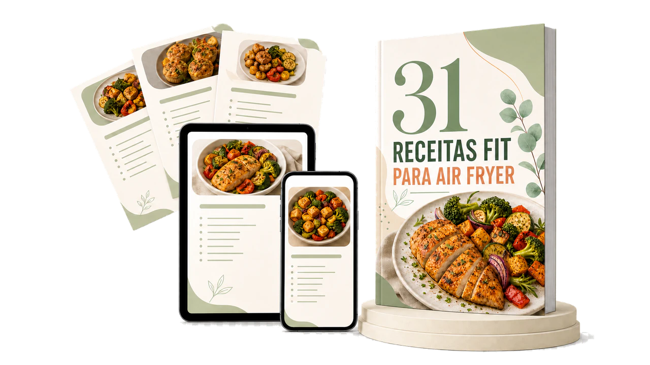Livro 31 Receitas Fit para Air Fryer acompanhado de páginas digitais no tablet e celular